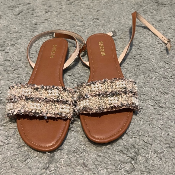Beaded Ankle Strap Tweed Sandals - Picture 1 of 2